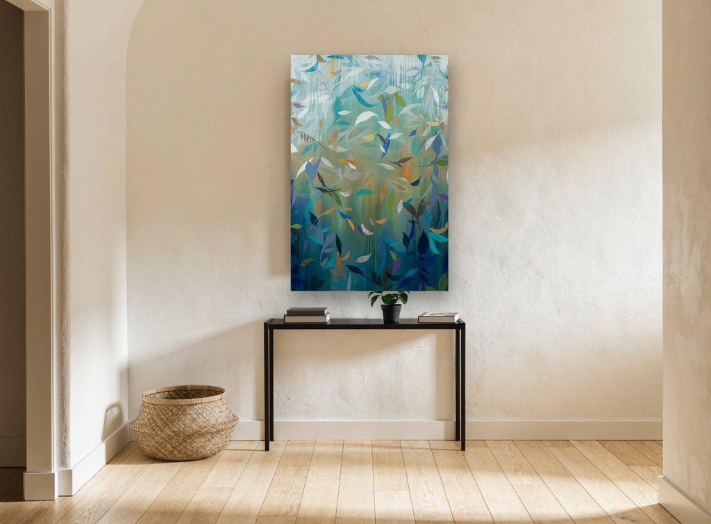 Leaves in Teal Rain floral canvas print on the wall of a hallway
