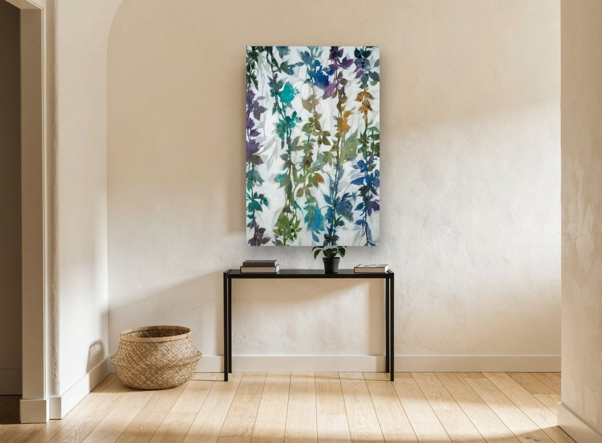 Hanging Jewel Vines floral canvas print on the wall of a hallway