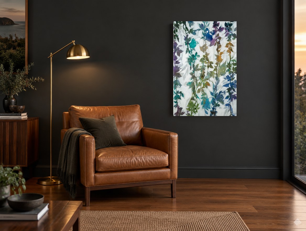 Hanging Jewel Vines floral canvas print on the wall of a charcoal living room