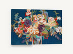Midnight Bouquet Bloom, colourful bouquet on navy blue painting, floral canvas wall art print ready to hang