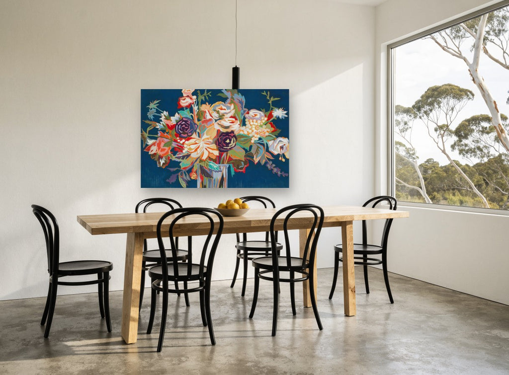 Midnight Bouquet Bloom floral canvas print on the wall of a dining room