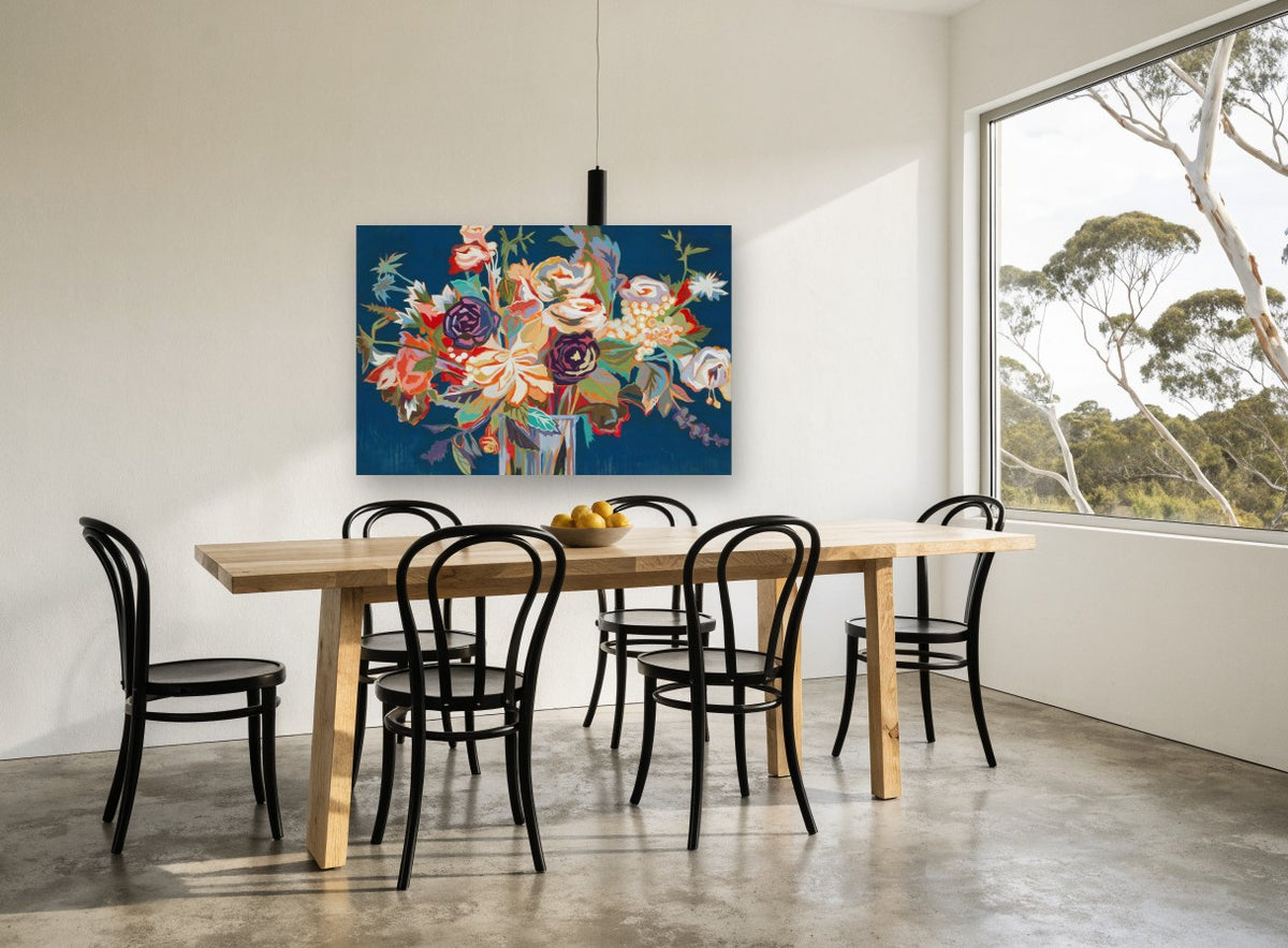 Midnight Bouquet Bloom floral canvas print on the wall of a dining room
