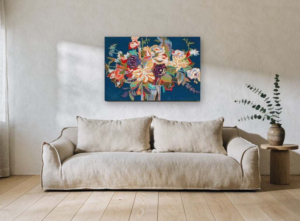 Midnight Bouquet Bloom floral canvas print on the wall of a living room