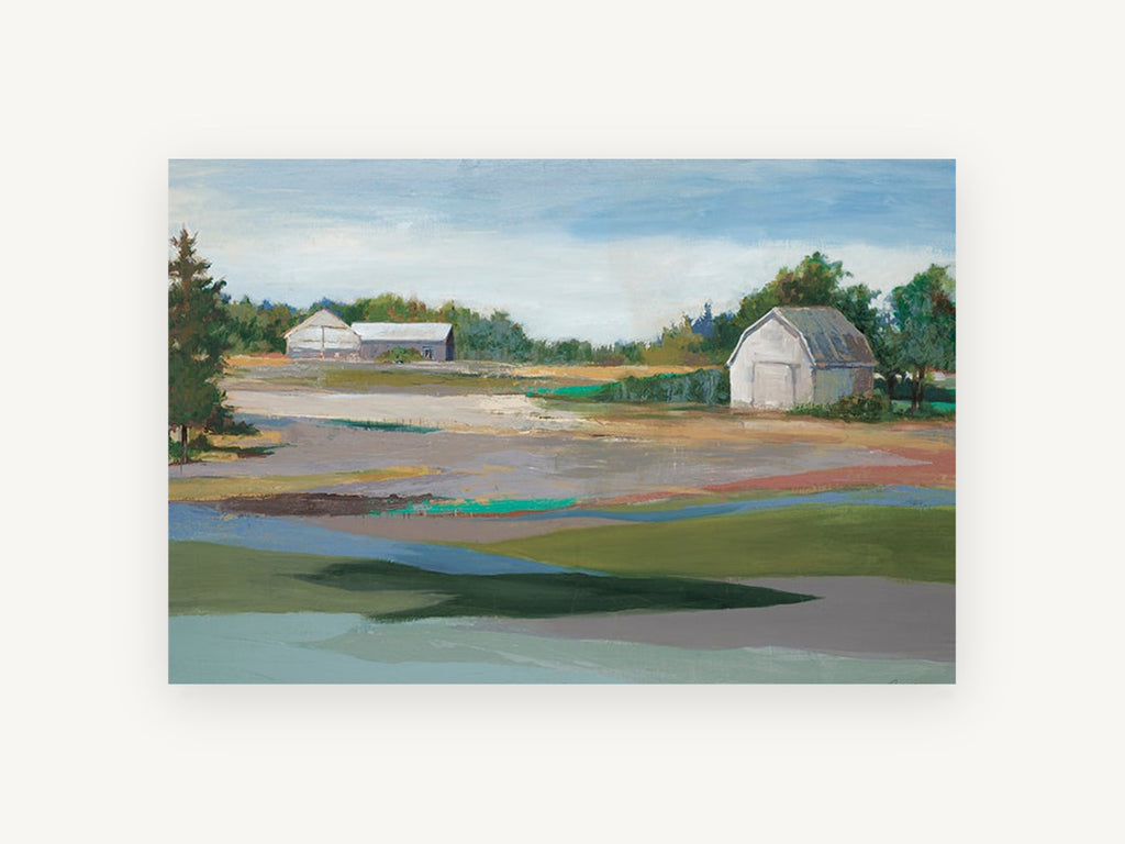 Barns Across Quiet Fields, rural barns field landscape painting, landscape canvas wall art print, front view