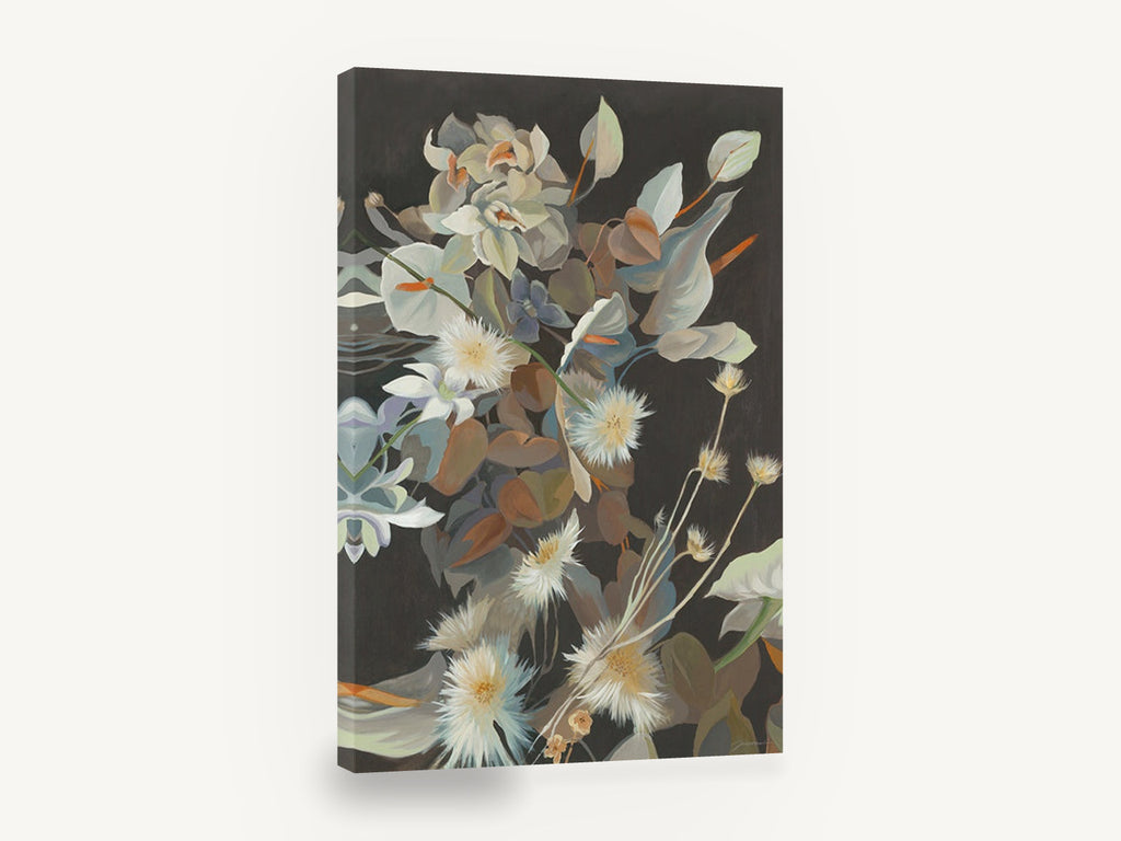 Dusk Bouquet Study, neutral floral bouquet on dark background, floral canvas wall art print ready to hang