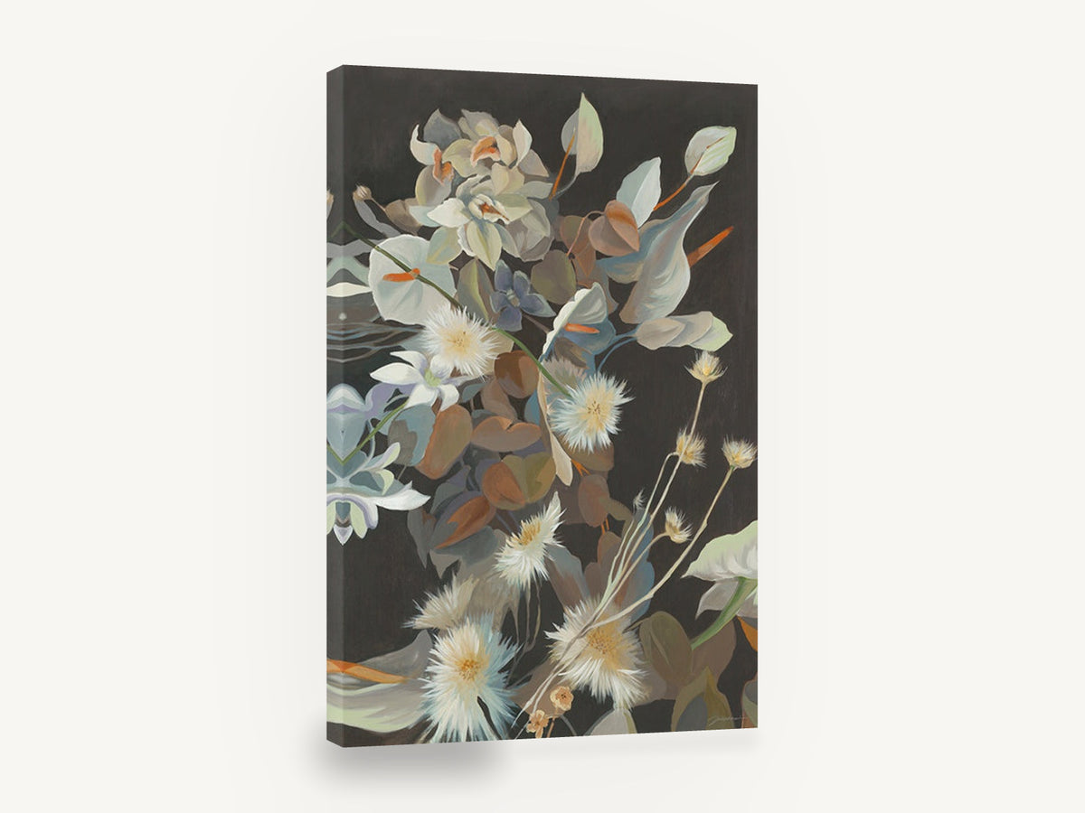 Dusk Bouquet Study, neutral floral bouquet on dark background, floral canvas wall art print ready to hang
