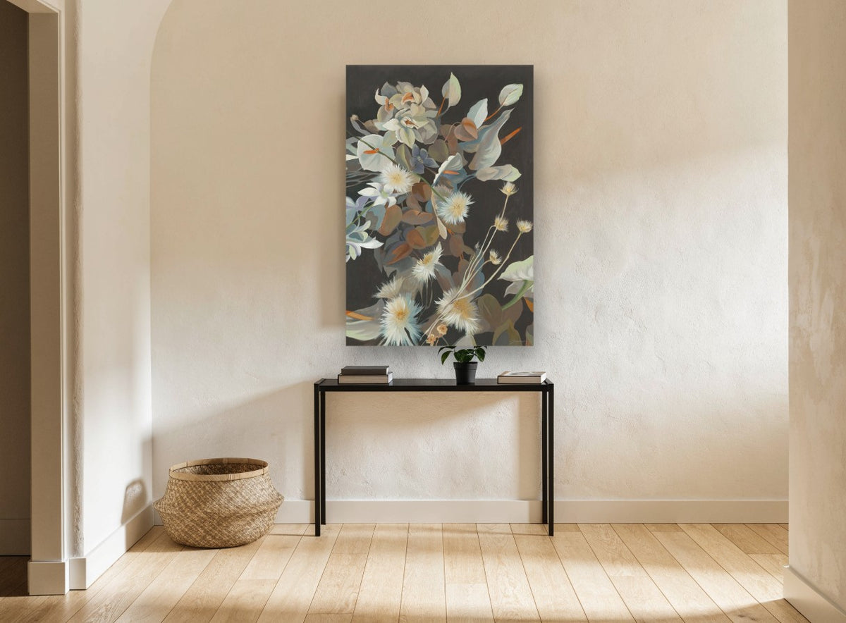 Dusk Bouquet Study floral canvas print on the wall of a hallway