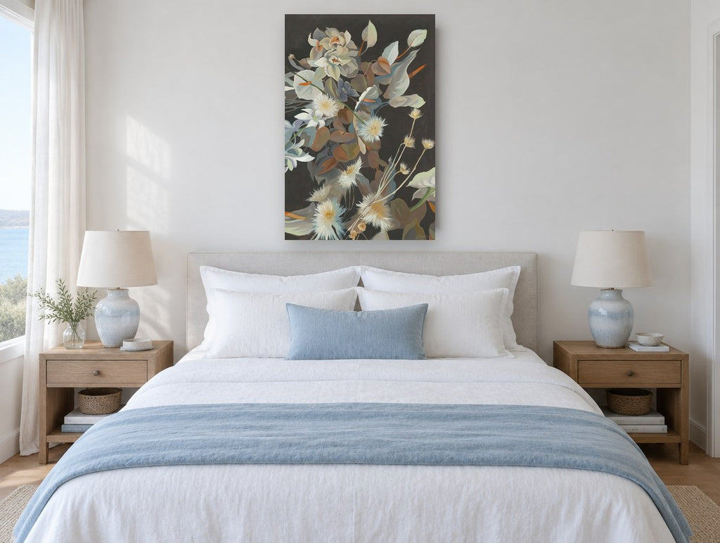 Dusk Bouquet Study floral canvas print on the wall of a coastal bedroom
