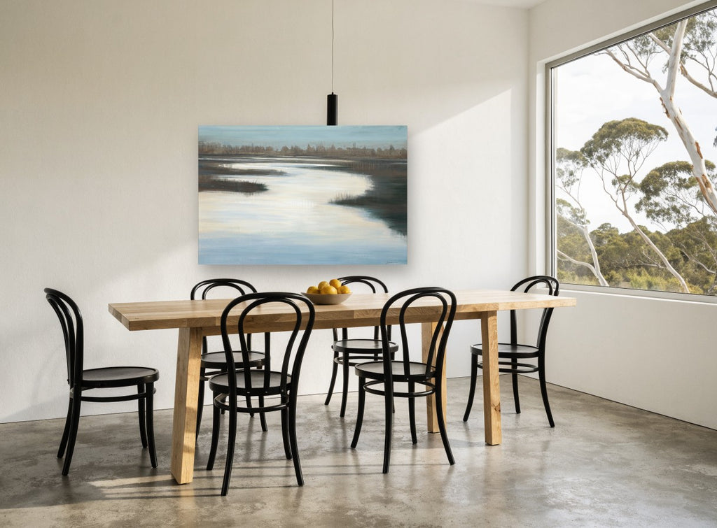 Quiet Marsh Channel landscape canvas print on the wall of a dining room