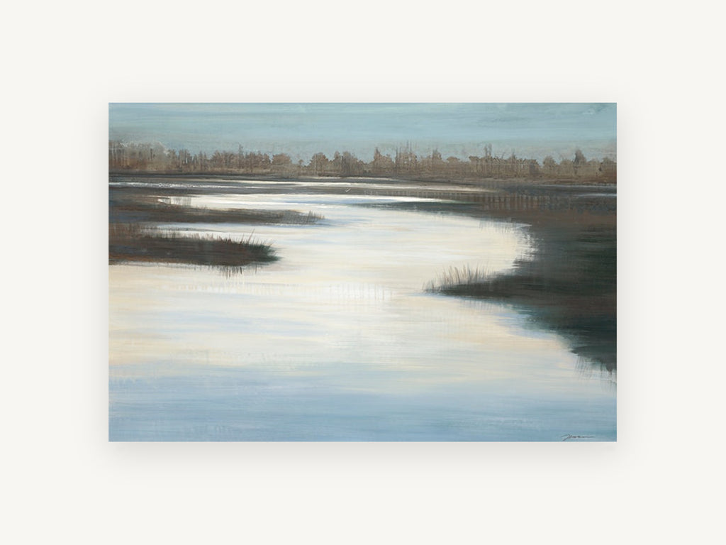 Quiet Marsh Channel, calm wetland channel landscape painting, landscape canvas wall art print, front view