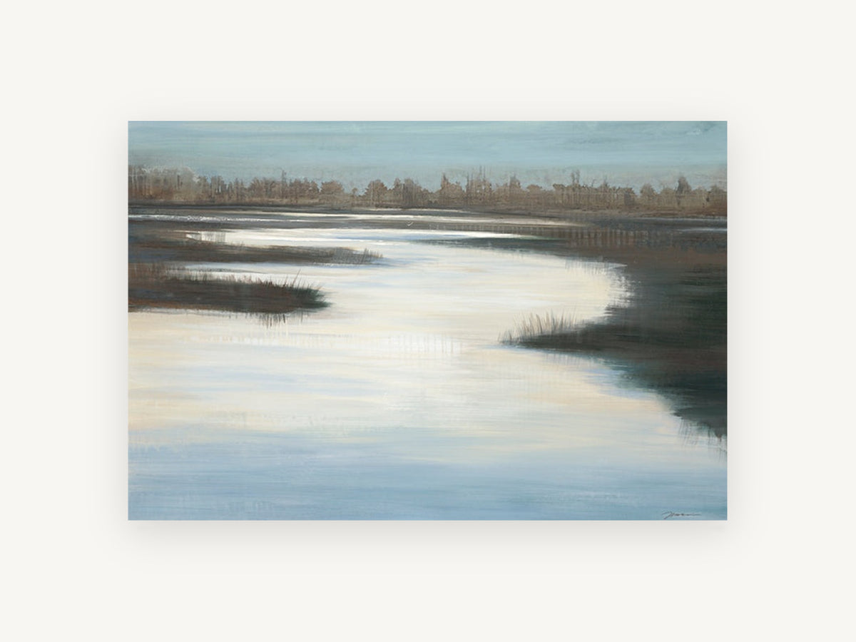 Quiet Marsh Channel, calm wetland channel landscape painting, landscape canvas wall art print, front view