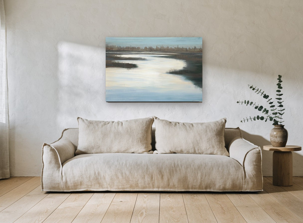 Quiet Marsh Channel landscape canvas print on the wall of a living room
