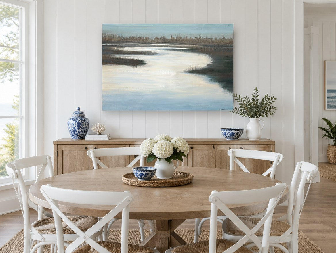 Quiet Marsh Channel landscape canvas print on the wall of a Hamptons dining room