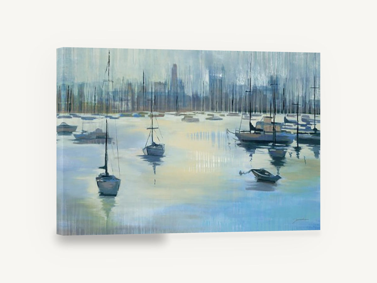 Moored Harbour Haze, moored sailboats harbour cityscape painting, coastal canvas wall art print ready to hang