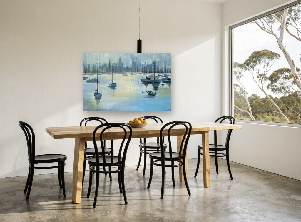 Moored Harbour Haze coastal canvas print on the wall of a dining room