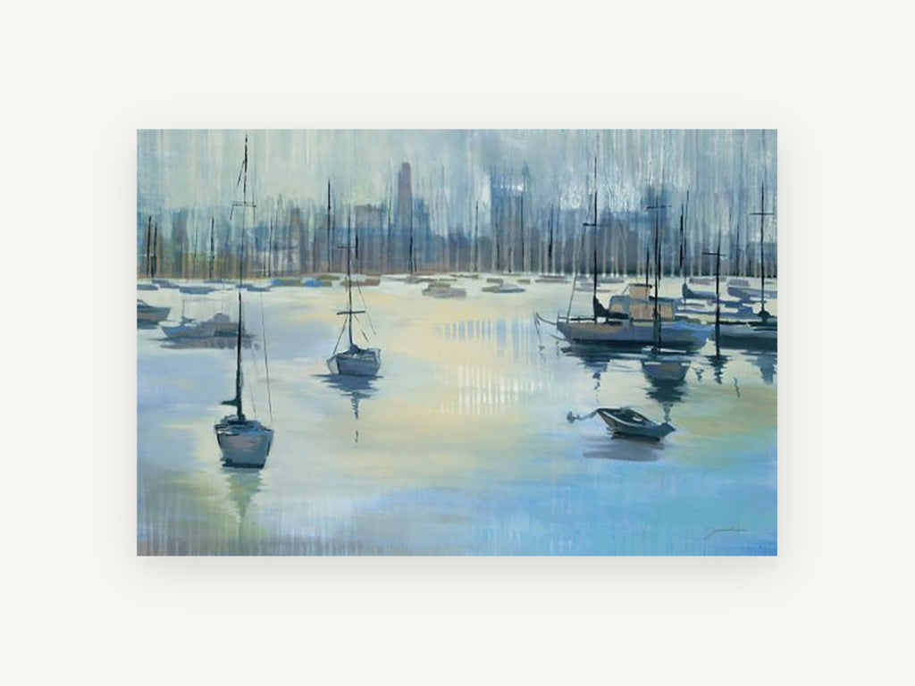 Moored Harbour Haze, coastal canvas wall art print, front view