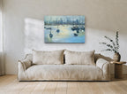 Moored Harbour Haze coastal canvas print on the wall of a living room