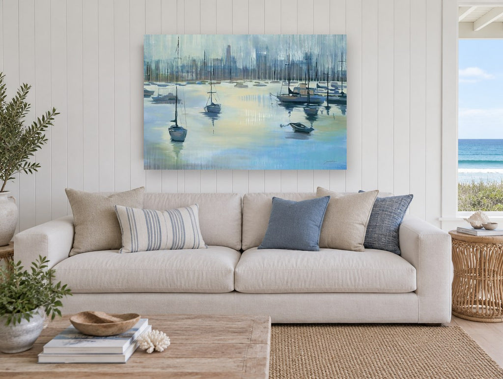 Moored Harbour Haze coastal canvas print on the wall of a beach house living room