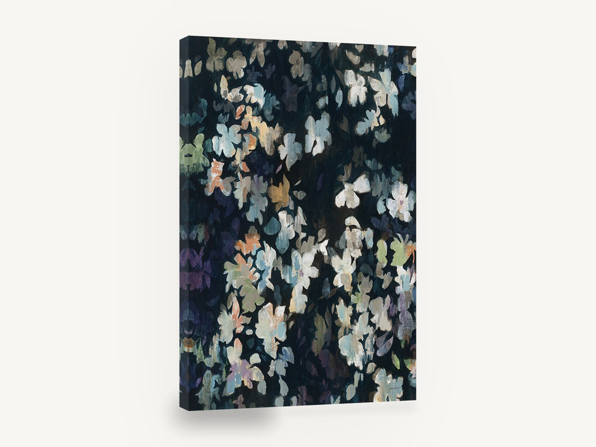Midnight Petal Drift, dark abstract floral petals painting, floral canvas wall art print ready to hang