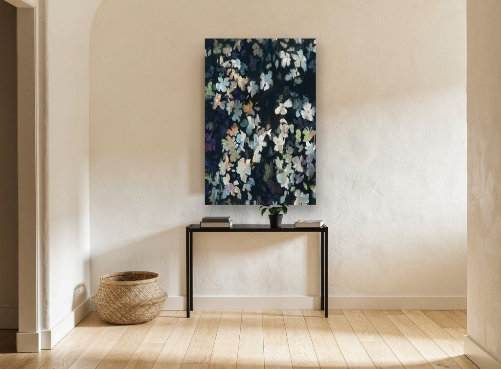 Midnight Petal Drift floral canvas print on the wall of a hallway