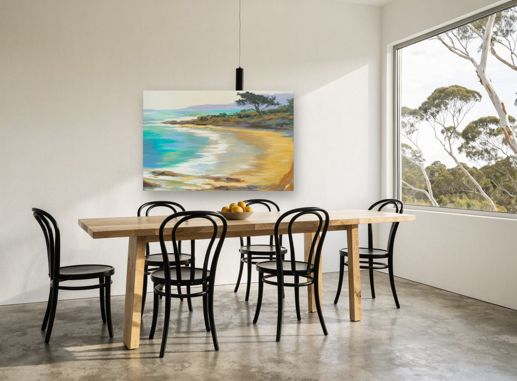 Golden Cove Shoreline coastal canvas print on the wall of a dining room