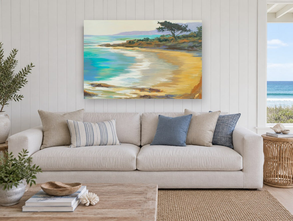 Golden Cove Shoreline coastal canvas print on the wall of a beach house living room