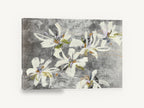 Silver Ground Blooms, white abstract flowers on silver grey, floral canvas wall art print ready to hang