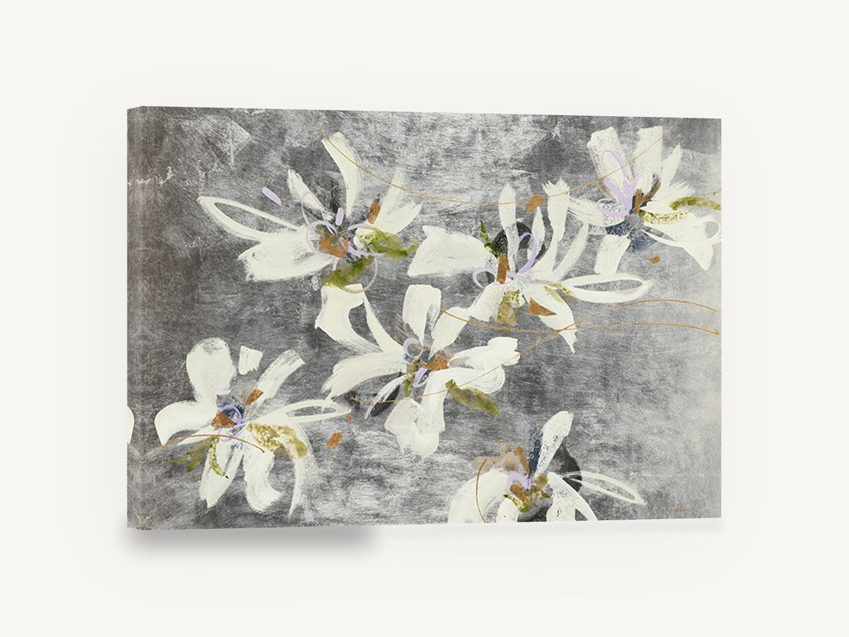 Silver Ground Blooms, white abstract flowers on silver grey, floral canvas wall art print ready to hang