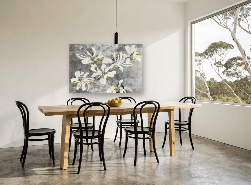 Silver Ground Blooms floral canvas print on the wall of a dining room