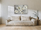 Silver Ground Blooms floral canvas print on the wall of a living room