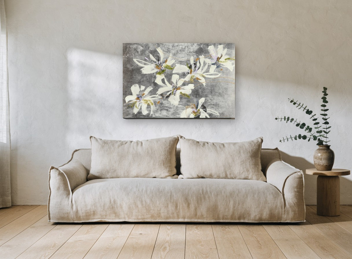 Silver Ground Blooms floral canvas print on the wall of a living room
