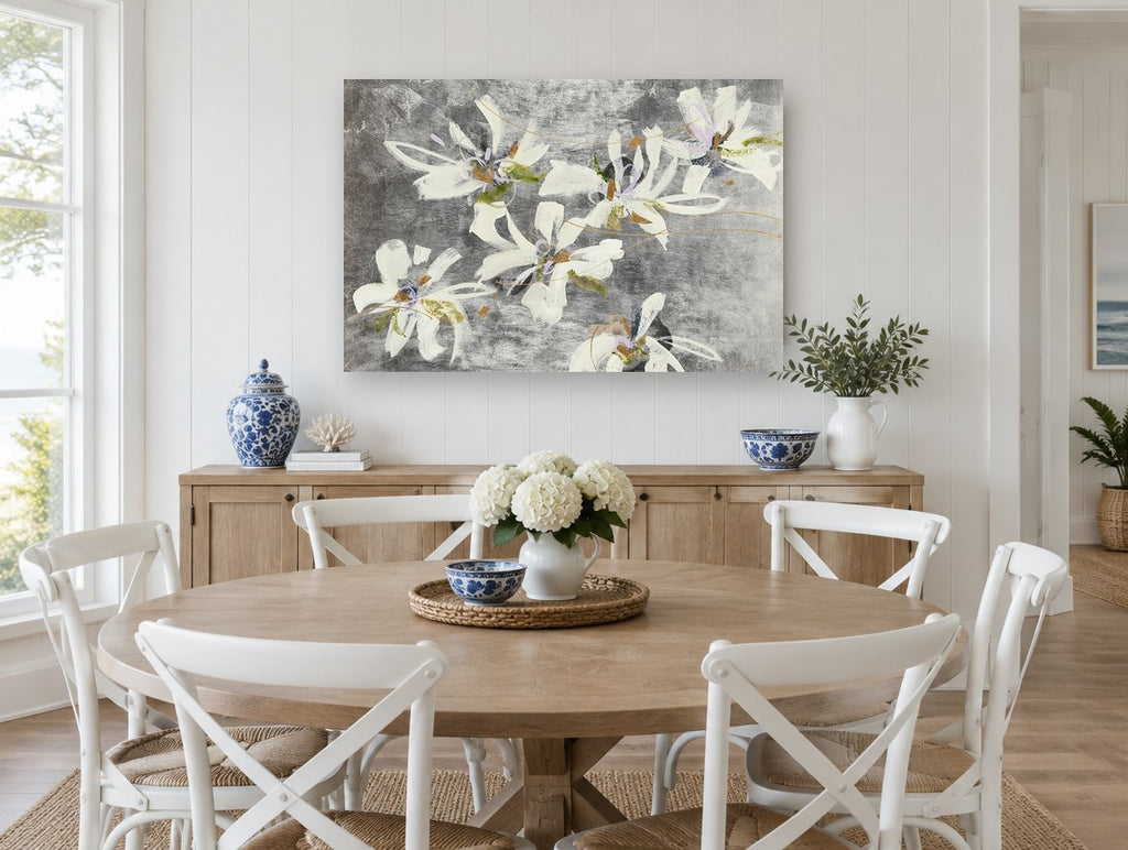 Silver Ground Blooms floral canvas print on the wall of a Hamptons dining room