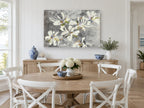 Silver Ground Blooms floral canvas print on the wall of a Hamptons dining room