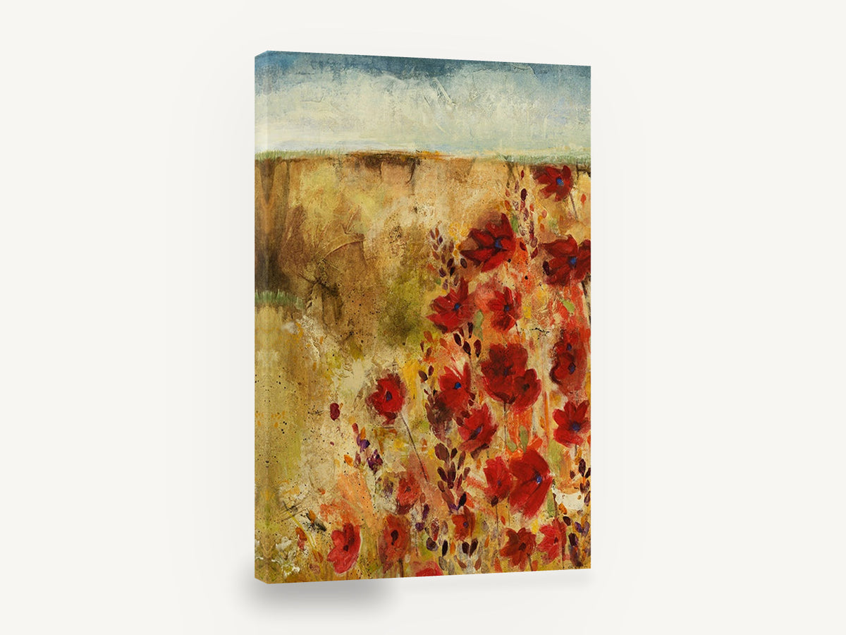 Red Poppy Field, red poppies golden field textured painting, floral canvas wall art print ready to hang