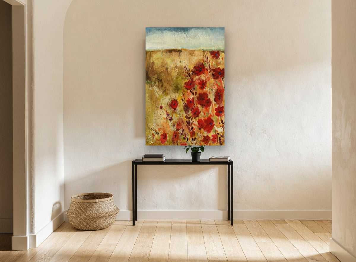 Red Poppy Field floral canvas print on the wall of a hallway