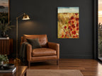 Red Poppy Field floral canvas print on the wall of a charcoal living room