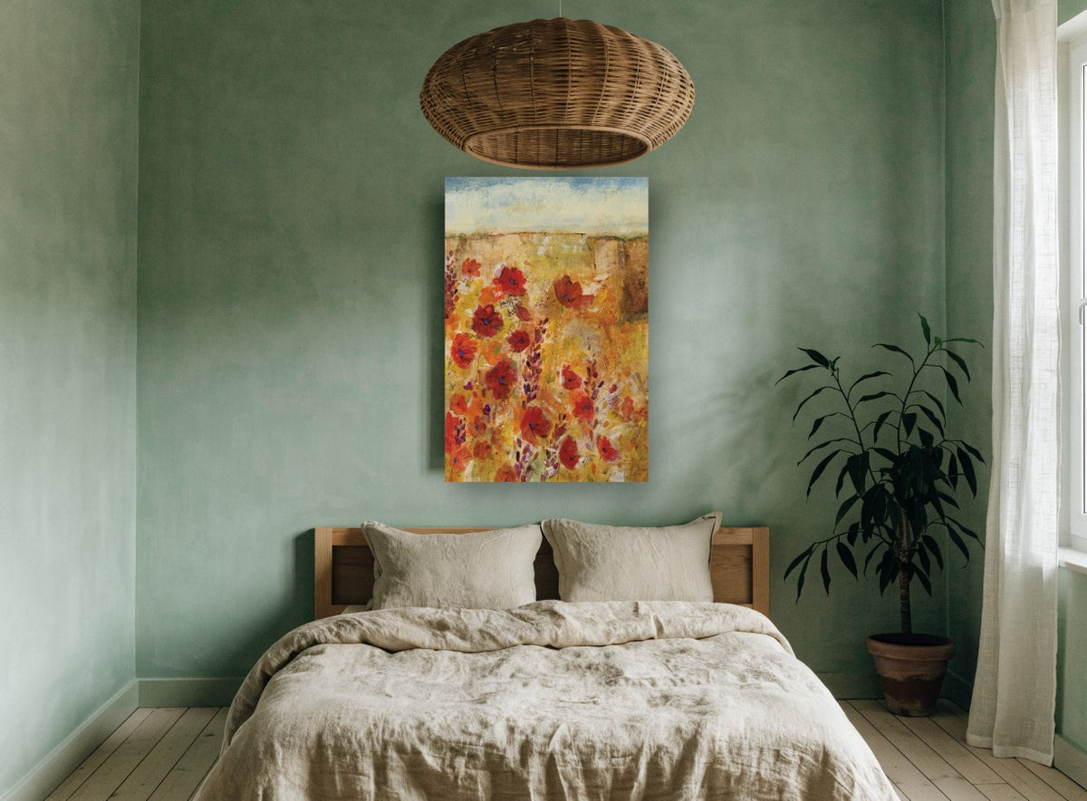 Poppies Beneath the Mesa floral canvas print on the wall of a bedroom