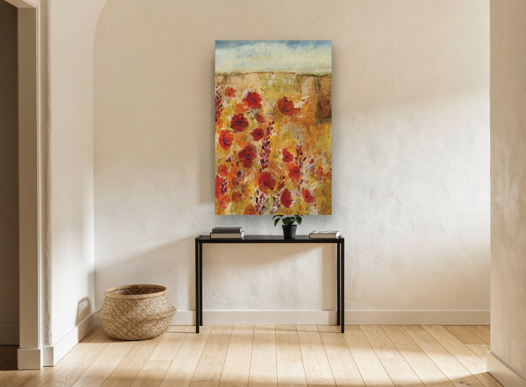 Poppies Beneath the Mesa floral canvas print on the wall of a hallway