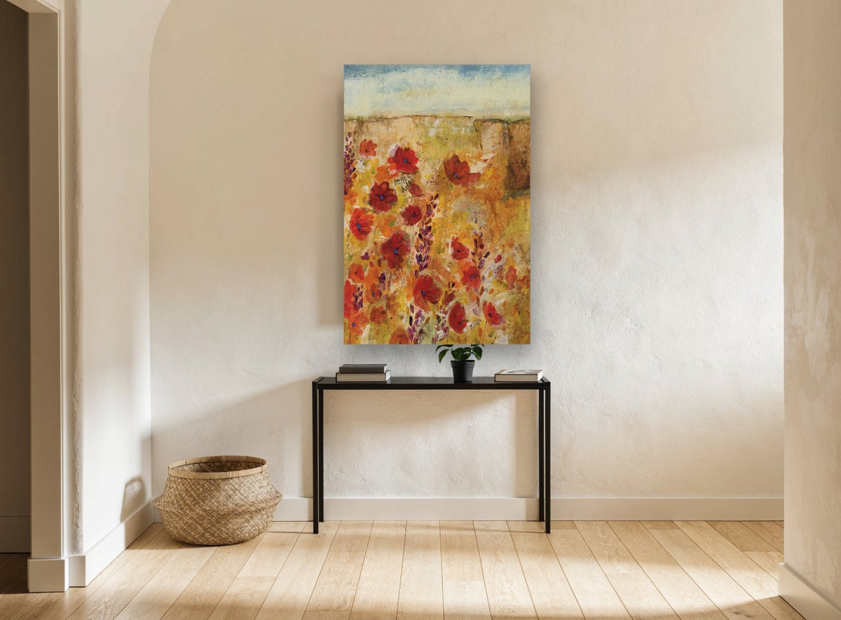 Poppies Beneath the Mesa floral canvas print on the wall of a hallway