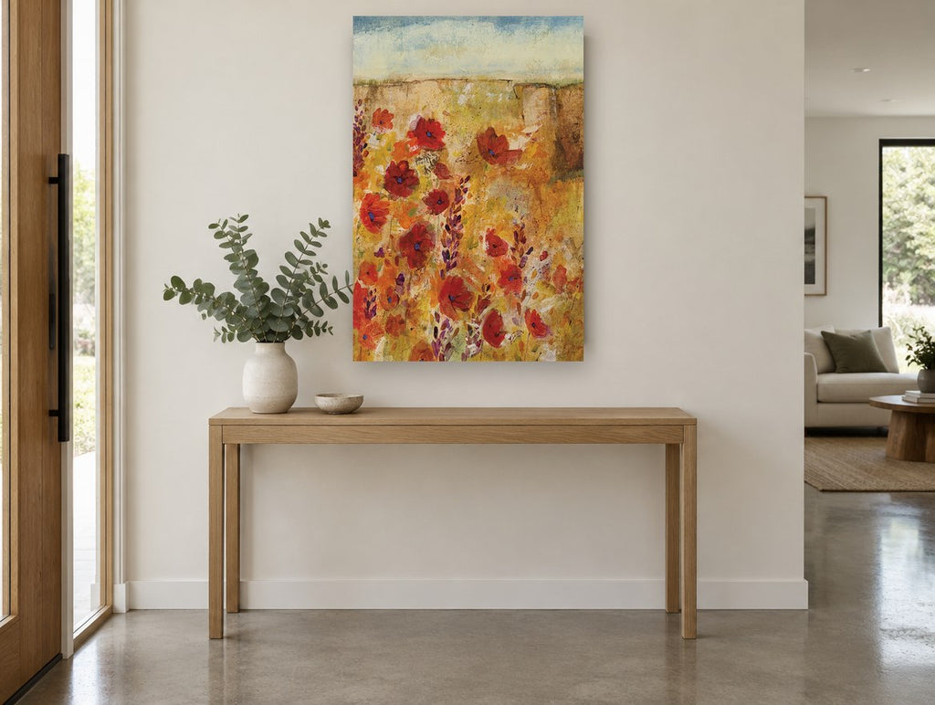 Poppies Beneath the Mesa floral canvas print on the wall of a entry hall