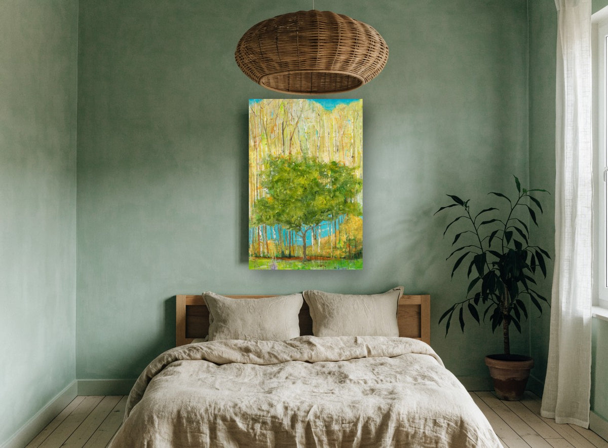 Green Canopy Birch Grove floral canvas print on the wall of a bedroom