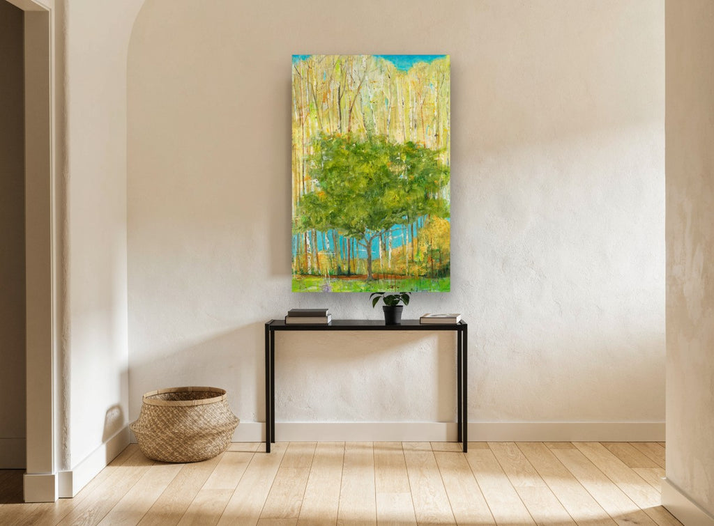 Green Canopy Birch Grove floral canvas print on the wall of a hallway