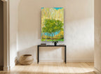 Green Canopy Birch Grove floral canvas print on the wall of a hallway