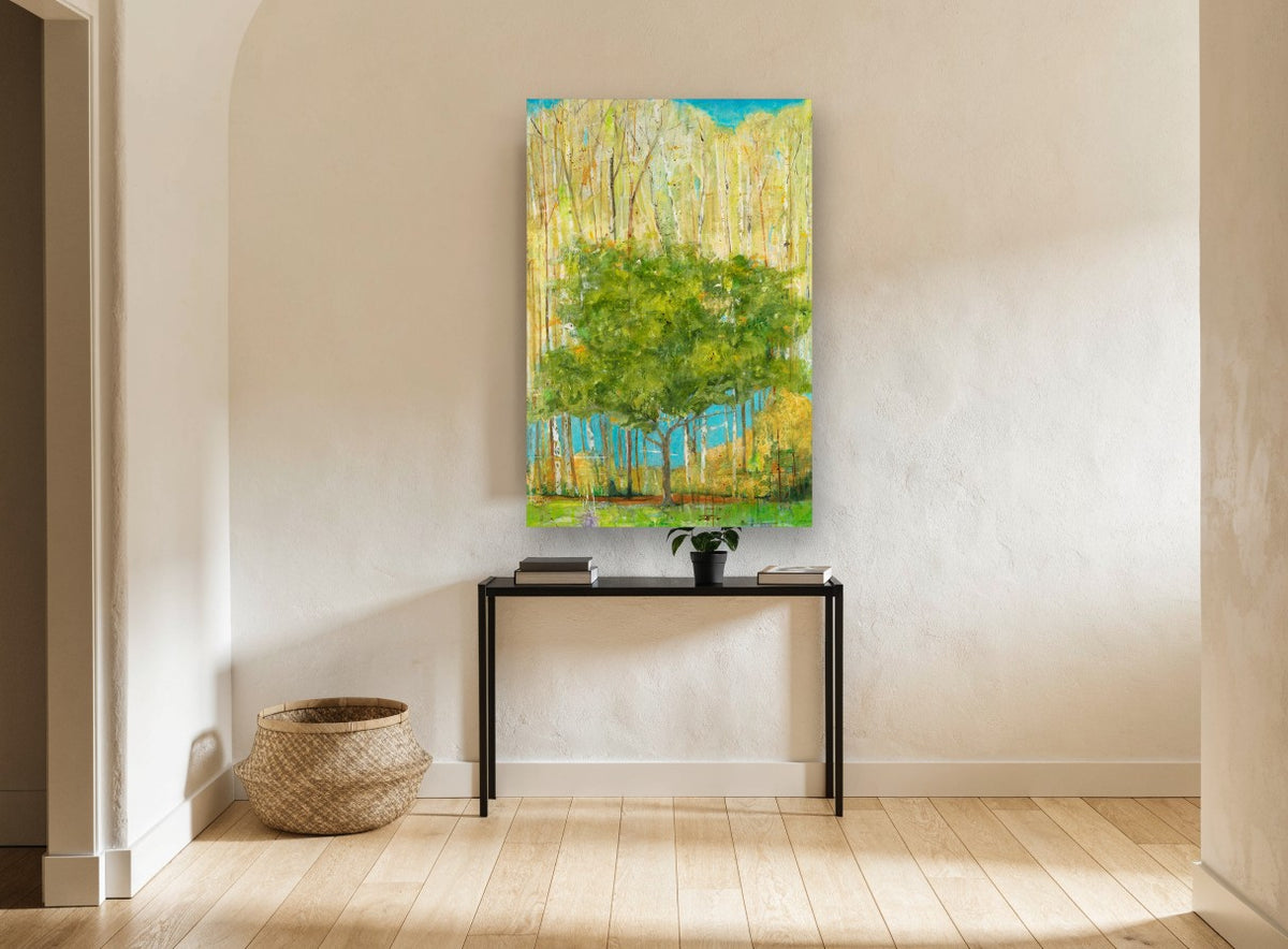 Green Canopy Birch Grove floral canvas print on the wall of a hallway