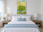 Green Canopy Birch Grove floral canvas print on the wall of a coastal bedroom