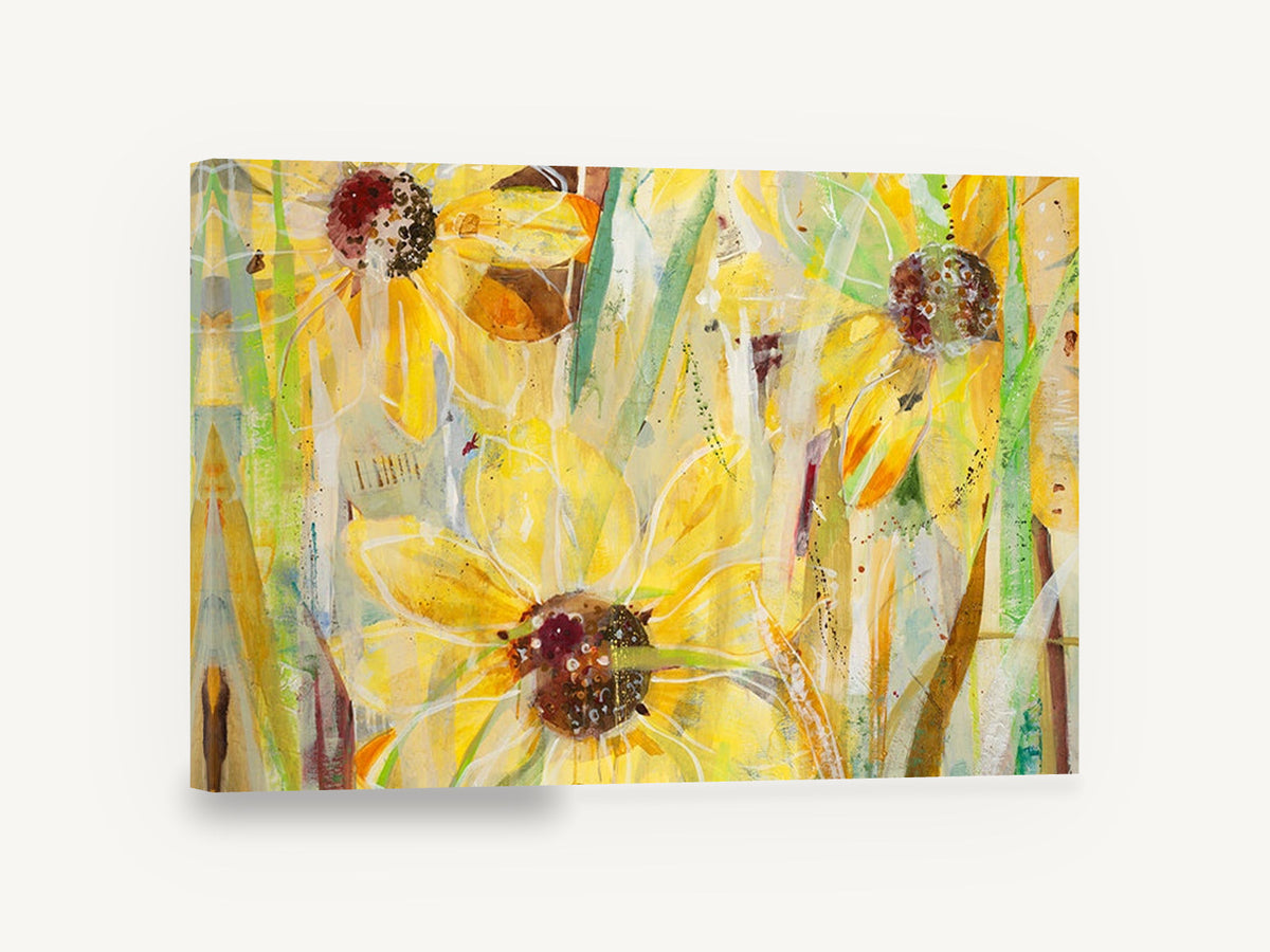 Sunlit Coneflower Layers, yellow sunflower mixed media abstract floral, floral canvas wall art print ready to hang