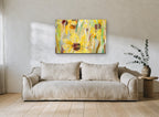 Sunlit Coneflower Layers floral canvas print on the wall of a living room