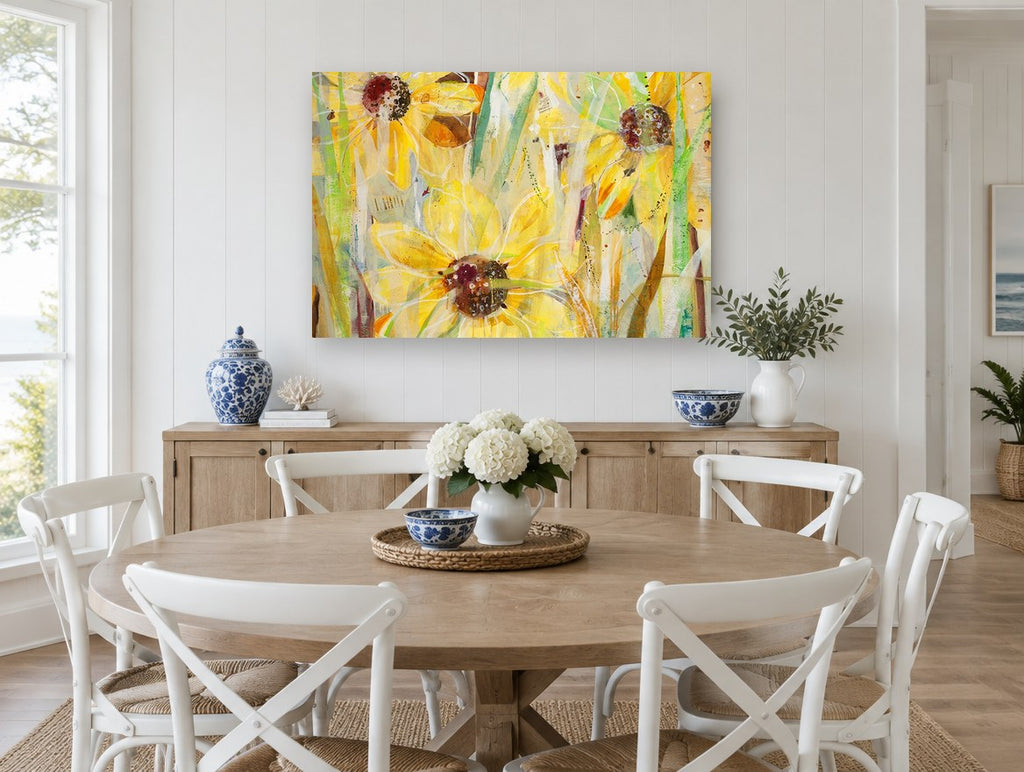Sunlit Coneflower Layers floral canvas print on the wall of a Hamptons dining room