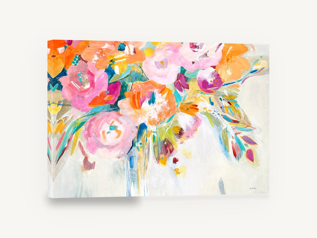 Loose Bloom Bouquet, pink orange abstract floral bouquet, floral canvas wall art print ready to hang