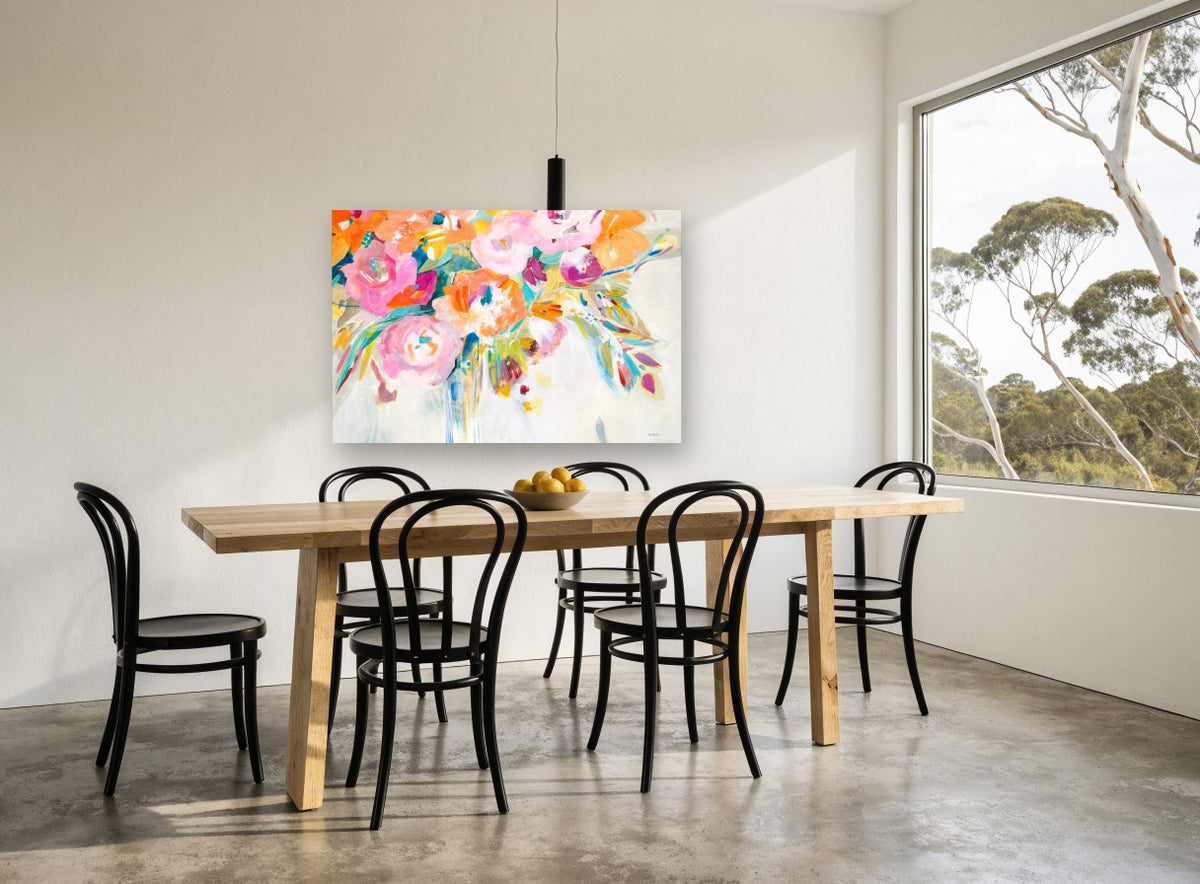 Loose Bloom Bouquet floral canvas print on the wall of a dining room